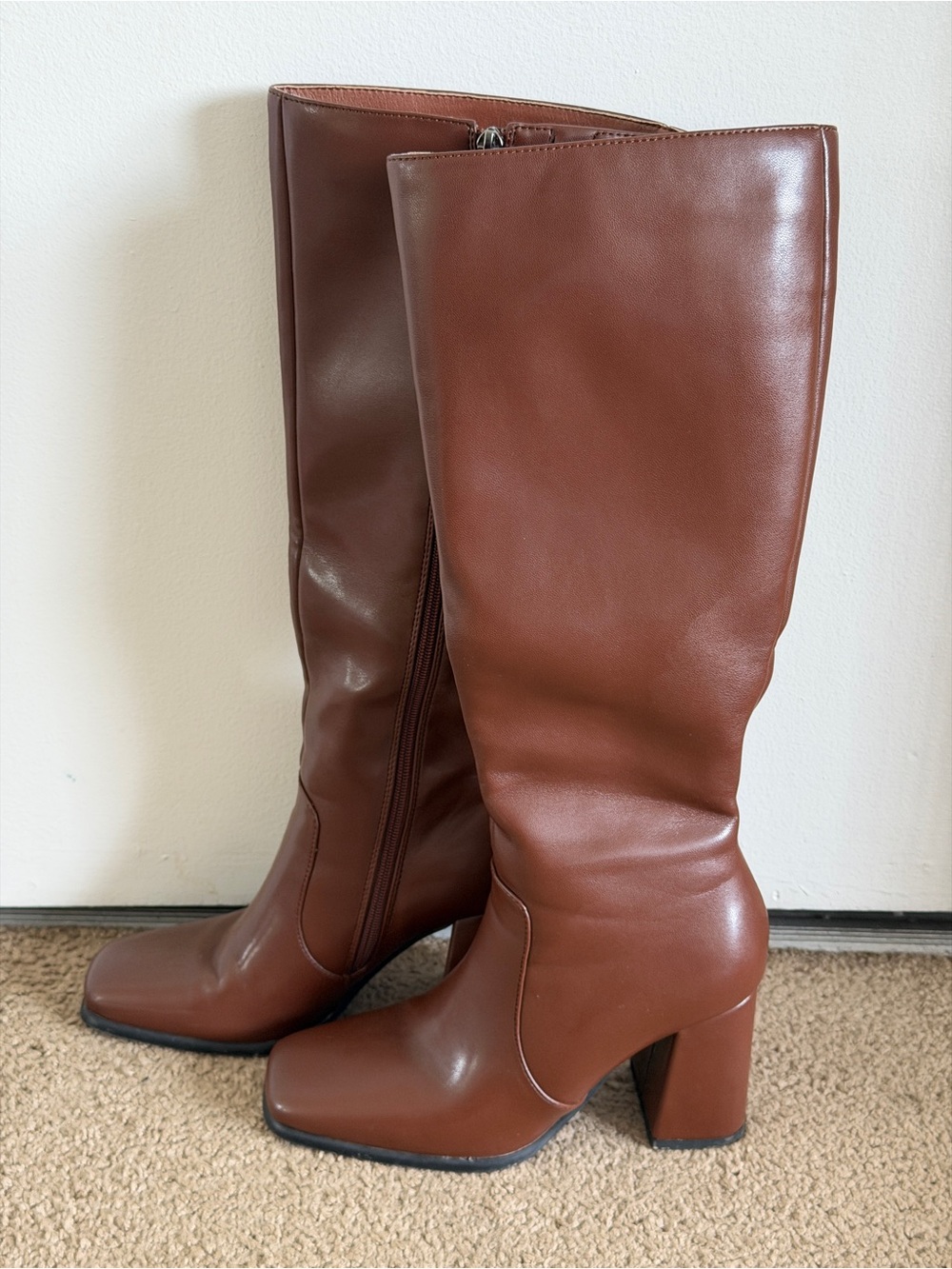 Women's Tall Brown Leather Block Heel Boots